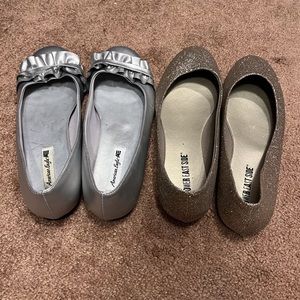 Two pair fancy flats in size 6.5.  Gold glitter and silver with ruffle.